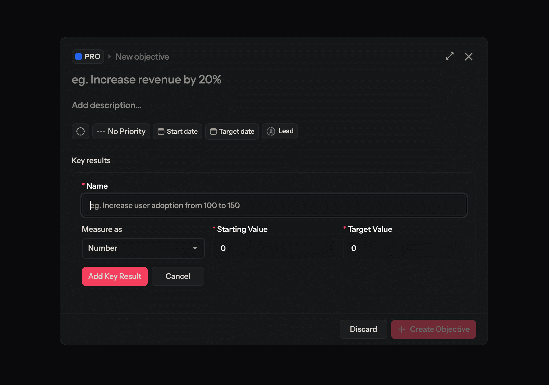 Adding a Key Result inline in the FortyOne New Objective dialog