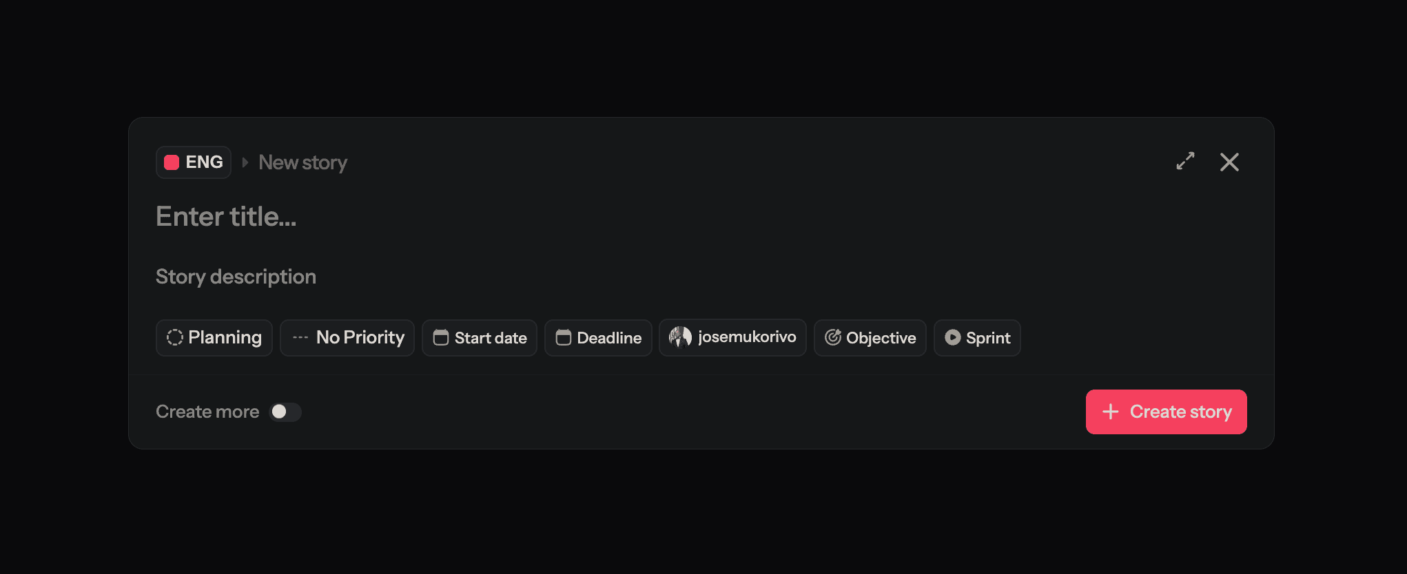 Screenshot of the New Story dialog