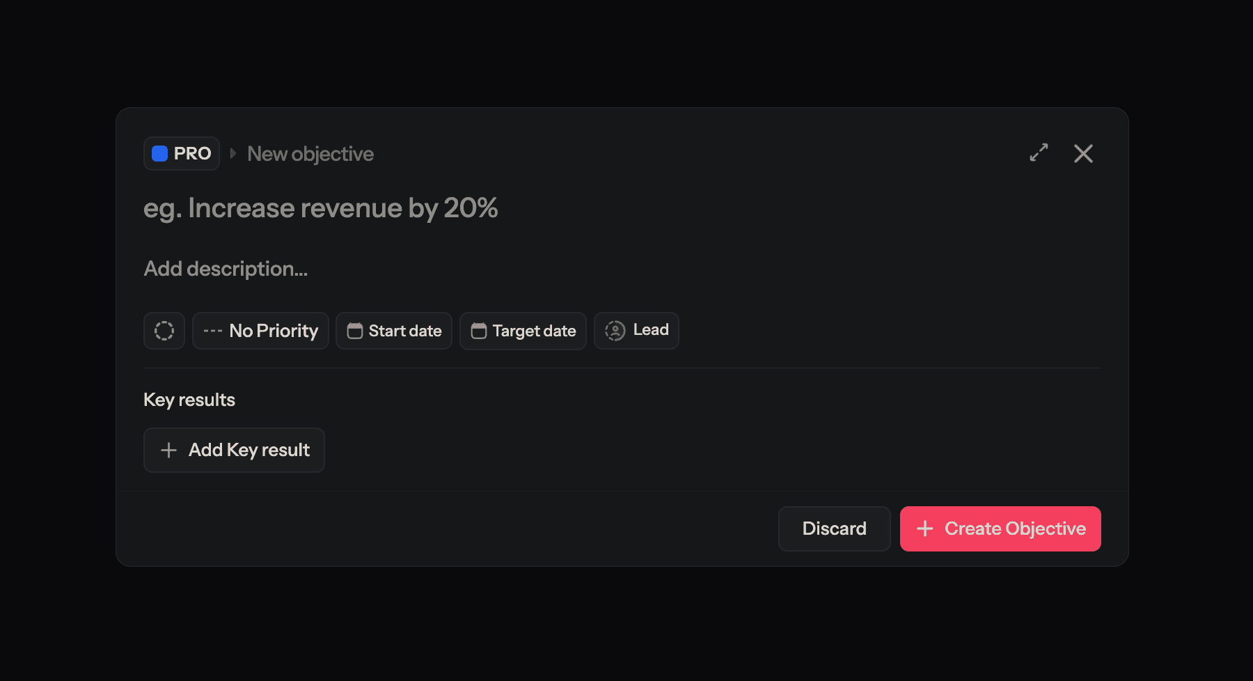 FortyOne New Objective dialog with inline Key Result creation