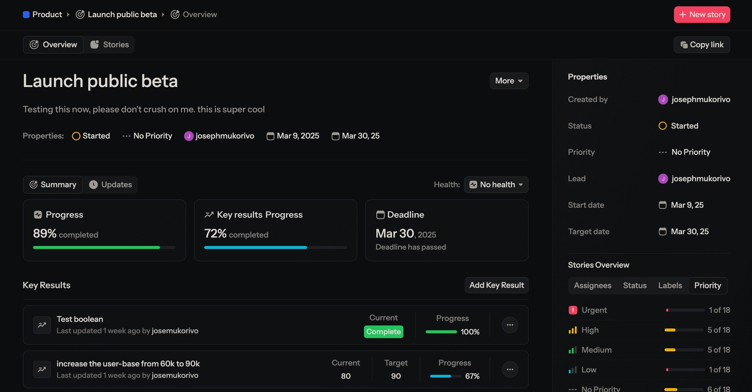 FortyOne Objective Detail page showing Summary, Key Results, and Properties Panel